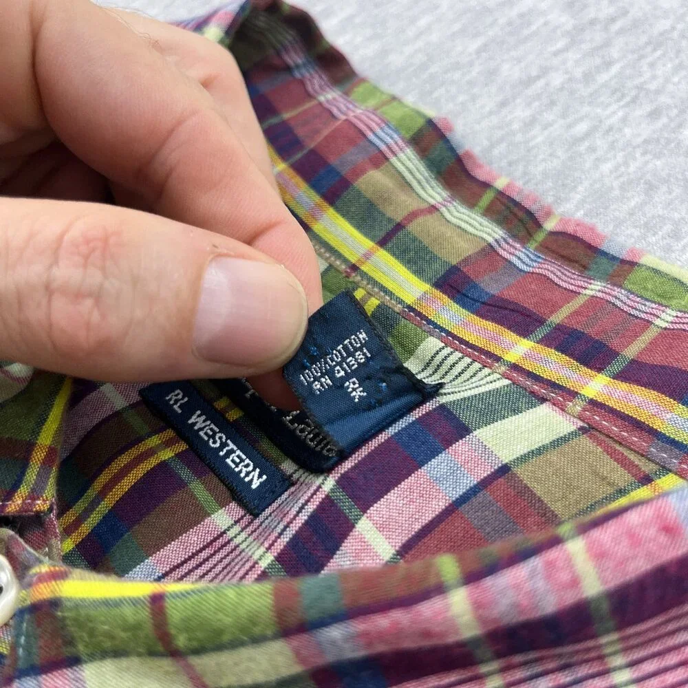 Vintage Polo Ralph Lauren RL Western Shirt Mens XXL Plaid Metal Snap Long Sleeve